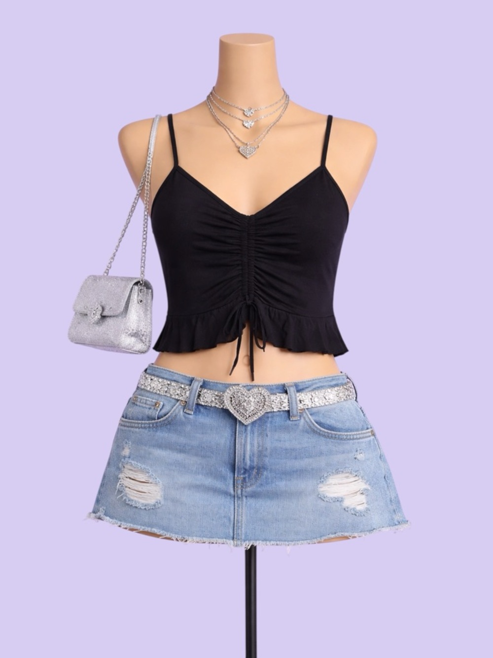 Wild Fable Black Ruched Tie Front Crop Tank Top XS Y2K Ruffle Hem Casual Summer